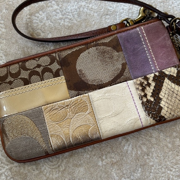Coach Patchwork Zippered Wristlet Signature C Leather Suede Metallic Snakeskin - Picture 7 of 16